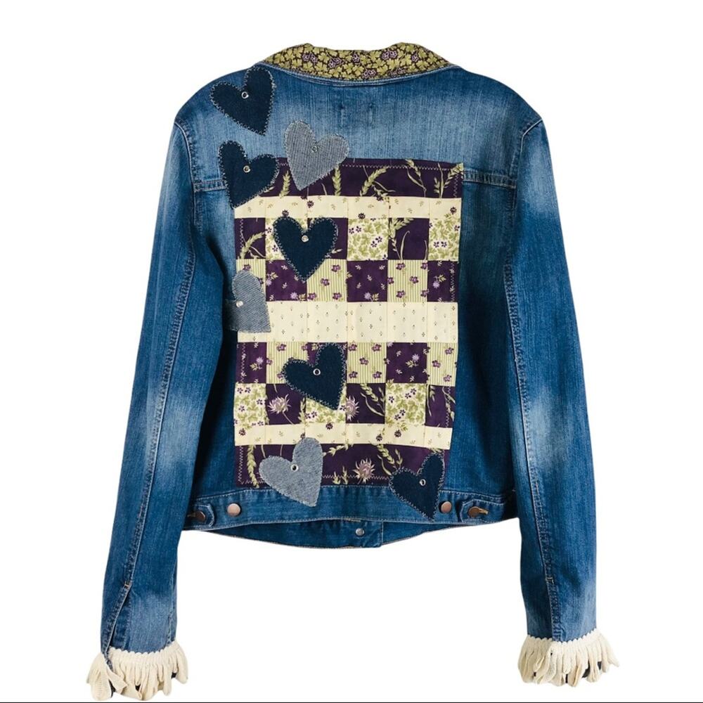 Gap blue purple green floral boho quilted patchwork upcycled jean jacket medium